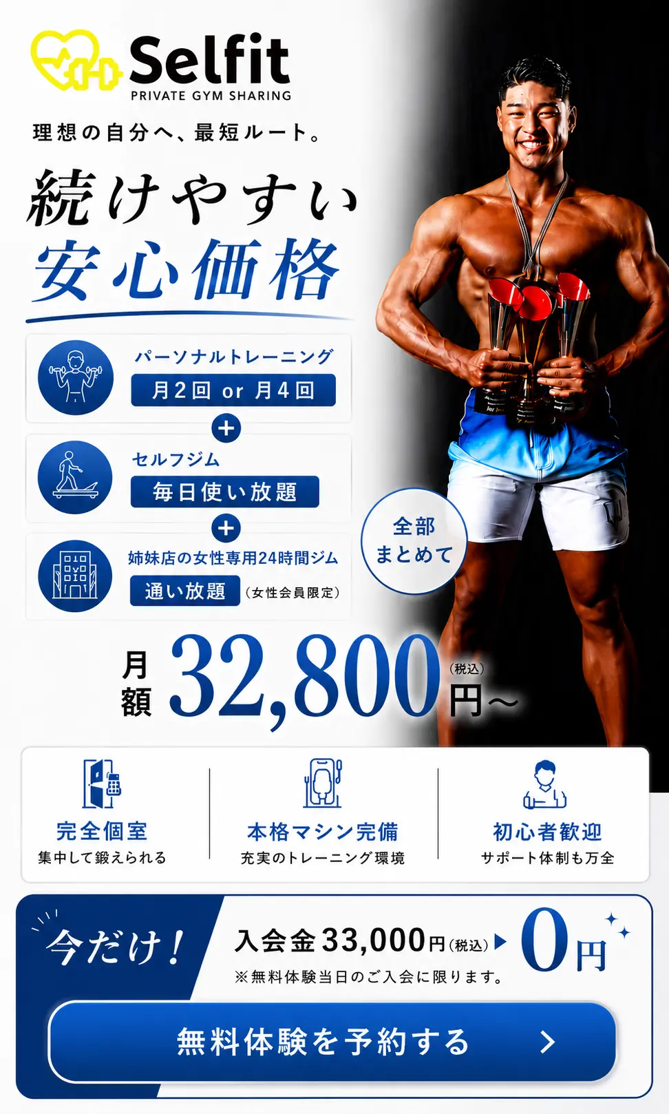 Selfit（セルフィット）月額料金・入会金無料キャンペーン案内（スマホ版バナー）