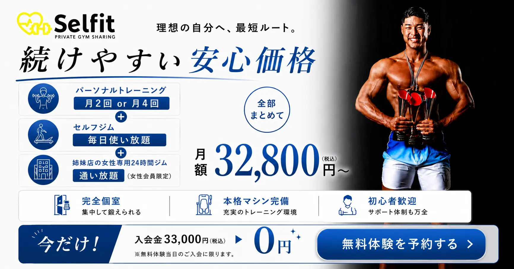 Selfit（セルフィット）月額料金・入会金無料キャンペーン案内（PC版バナー）